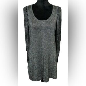 BCBG Maxazria Black/Silver Sparkling Long Fringe Sleeves Dress Womens Sz XS
